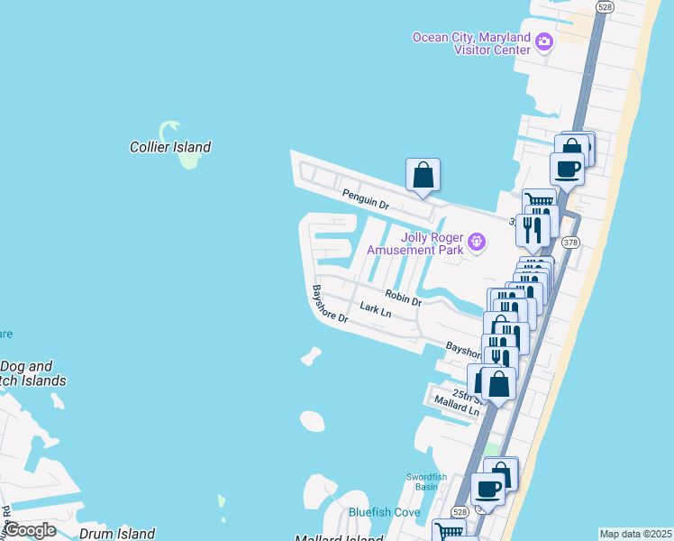 map of restaurants, bars, coffee shops, grocery stores, and more near 508 Robin Drive in Ocean City