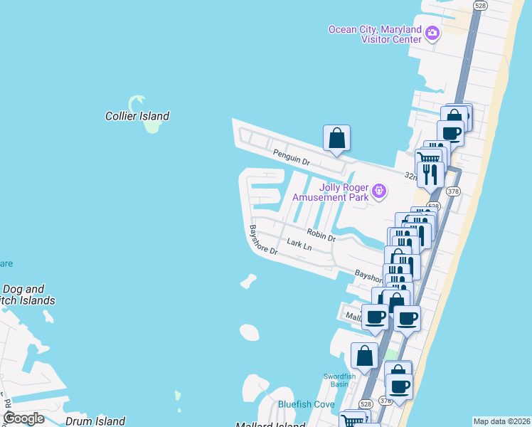 map of restaurants, bars, coffee shops, grocery stores, and more near 508 Robin Drive in Ocean City