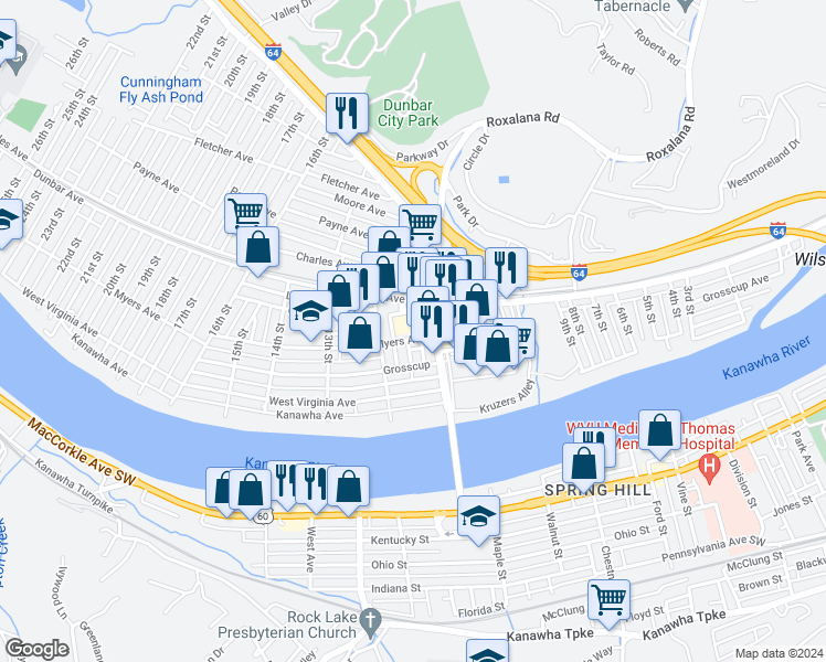 map of restaurants, bars, coffee shops, grocery stores, and more near 1000 Myers Avenue in Dunbar