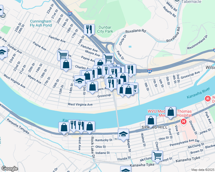 map of restaurants, bars, coffee shops, grocery stores, and more near 1000 Myers Avenue in Dunbar