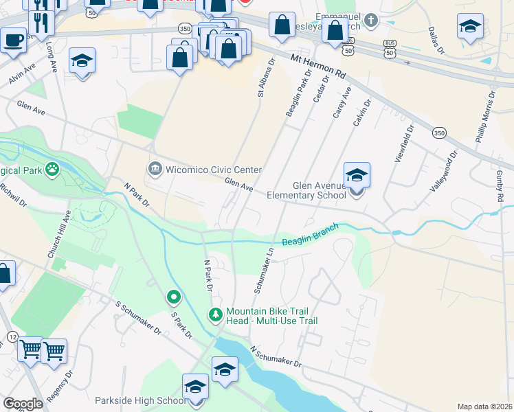 map of restaurants, bars, coffee shops, grocery stores, and more near 1324 Glen Avenue in Salisbury