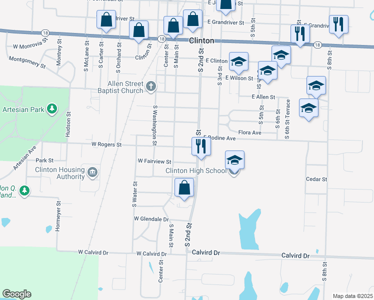 map of restaurants, bars, coffee shops, grocery stores, and more near 108 East Rogers Street in Clinton