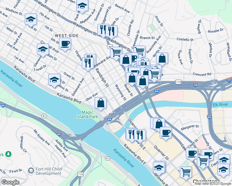 map of restaurants, bars, coffee shops, grocery stores, and more near 301 Tennessee Avenue in Charleston
