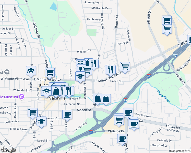 map of restaurants, bars, coffee shops, grocery stores, and more near 891 Markham Avenue in Vacaville