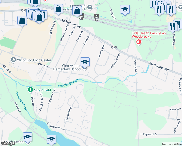 map of restaurants, bars, coffee shops, grocery stores, and more near 508 Viewfield Drive in Salisbury