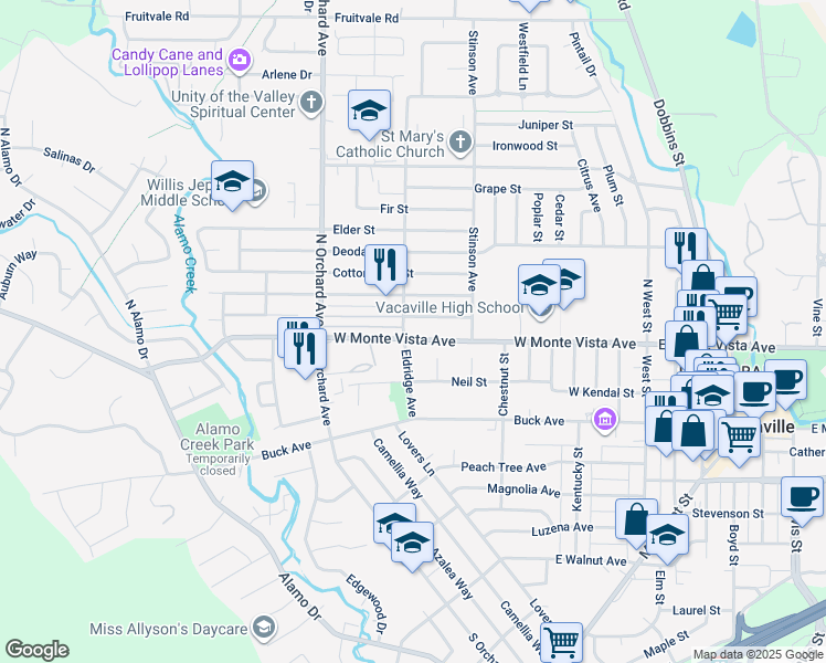 map of restaurants, bars, coffee shops, grocery stores, and more near 388 West Monte Vista Avenue in Vacaville