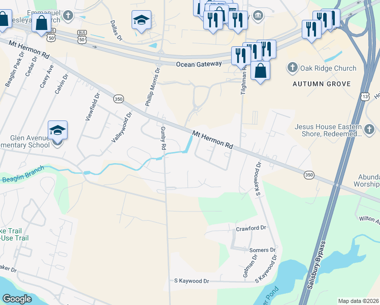 map of restaurants, bars, coffee shops, grocery stores, and more near 1704 Crestwood Circle in Salisbury