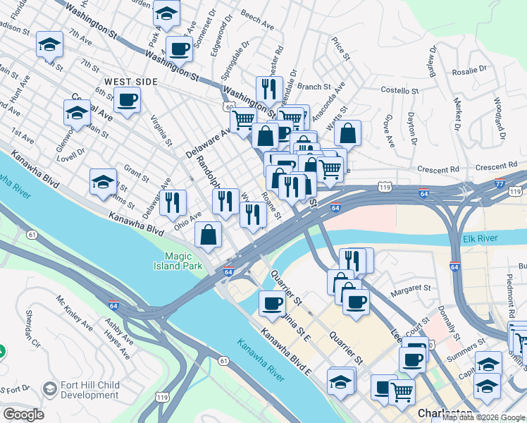 map of restaurants, bars, coffee shops, grocery stores, and more near 410 Tennessee Avenue in Charleston