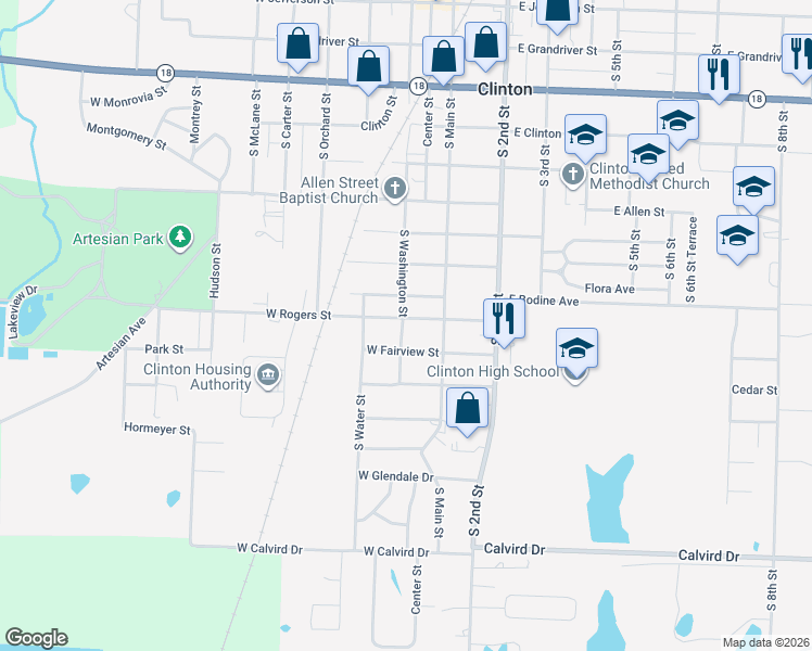 map of restaurants, bars, coffee shops, grocery stores, and more near 116 West Rogers Street in Clinton