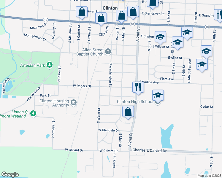 map of restaurants, bars, coffee shops, grocery stores, and more near 116 West Rogers Street in Clinton