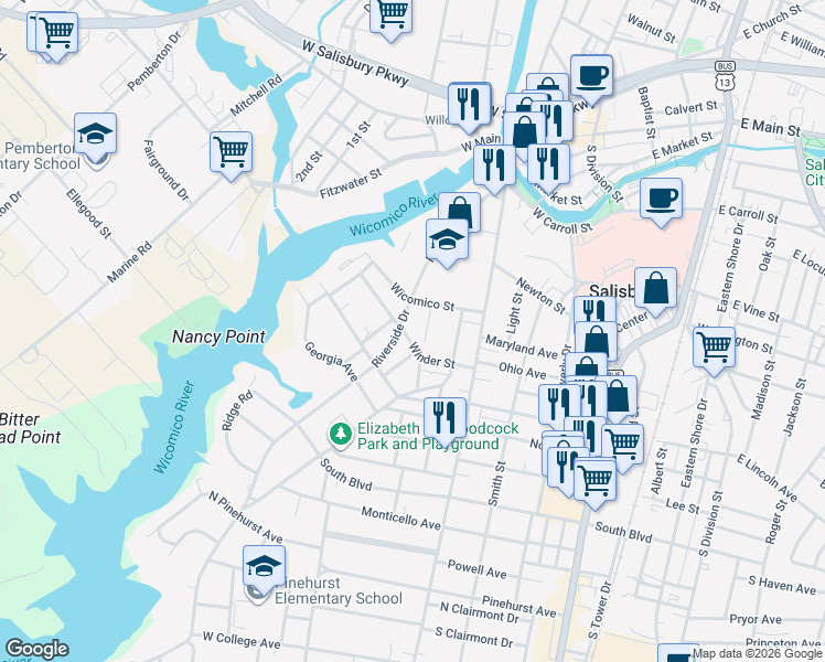 map of restaurants, bars, coffee shops, grocery stores, and more near 605 Riverside Drive in Salisbury