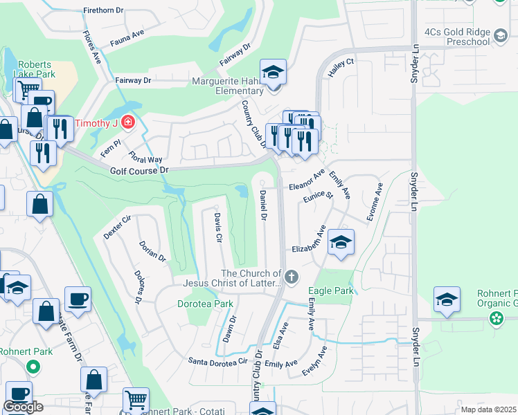 map of restaurants, bars, coffee shops, grocery stores, and more near 5309 Daniel Drive in Rohnert Park