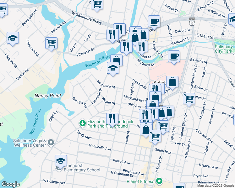 map of restaurants, bars, coffee shops, grocery stores, and more near 609 Oak Hill Avenue in Salisbury