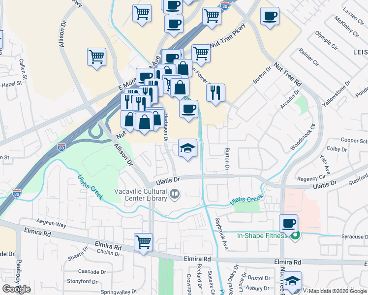 map of restaurants, bars, coffee shops, grocery stores, and more near 3500 Harbison Drive in Vacaville