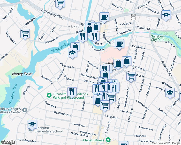 map of restaurants, bars, coffee shops, grocery stores, and more near 614 Smith Street in Salisbury