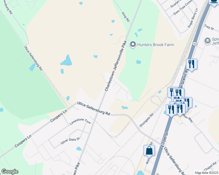 map of restaurants, bars, coffee shops, grocery stores, and more near 4602 Charlestown Pike in Jeffersonville