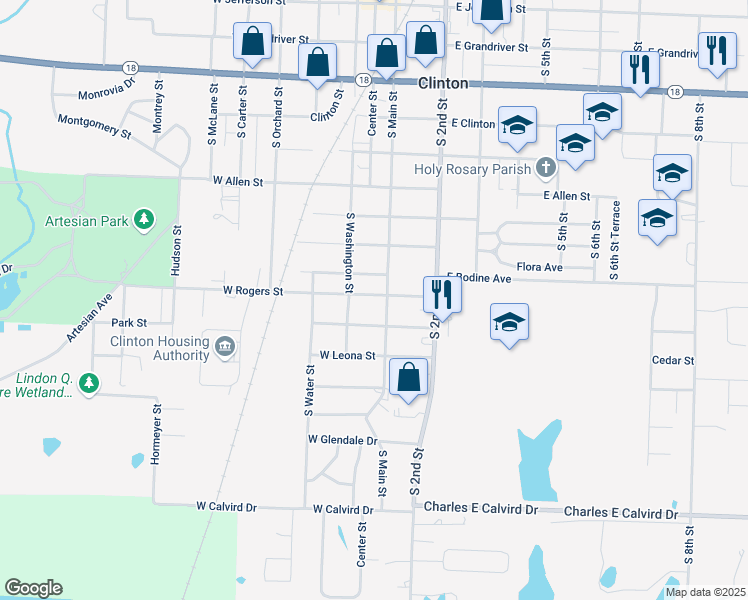 map of restaurants, bars, coffee shops, grocery stores, and more near 104 West Rogers Street in Clinton
