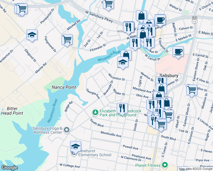 map of restaurants, bars, coffee shops, grocery stores, and more near 701 Taylor Street in Salisbury