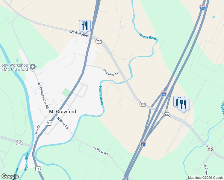 map of restaurants, bars, coffee shops, grocery stores, and more near North Cemetary Drive in Mount Crawford