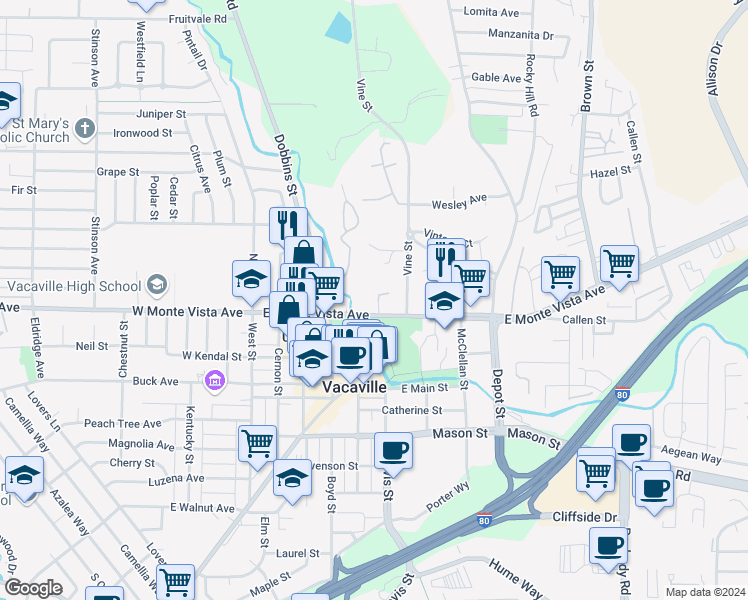 map of restaurants, bars, coffee shops, grocery stores, and more near 501 East Monte Vista Avenue in Vacaville