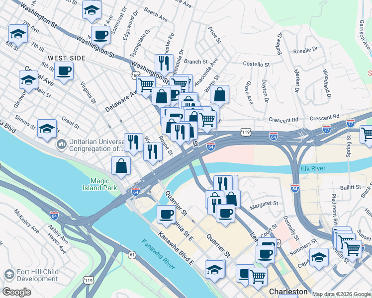 map of restaurants, bars, coffee shops, grocery stores, and more near 127 Lee Street West in Charleston