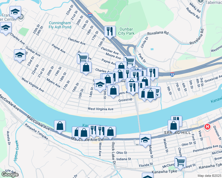 map of restaurants, bars, coffee shops, grocery stores, and more near 1221 Ohio Avenue in Dunbar