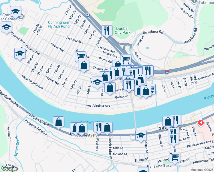 map of restaurants, bars, coffee shops, grocery stores, and more near 1221 Ohio Avenue in Dunbar