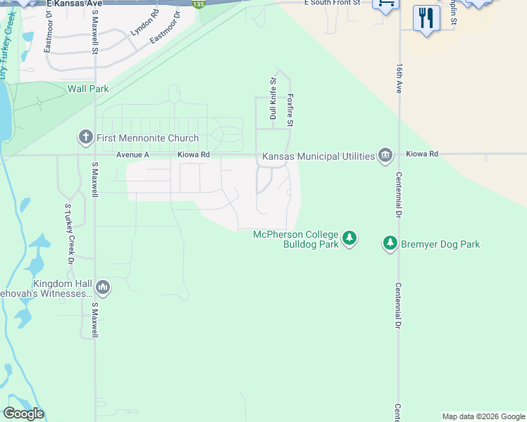 map of restaurants, bars, coffee shops, grocery stores, and more near 814 Clubhouse Drive in McPherson