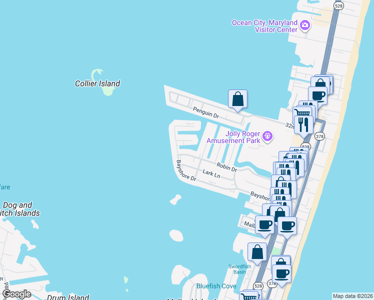 map of restaurants, bars, coffee shops, grocery stores, and more near 508 Robin Drive in Ocean City