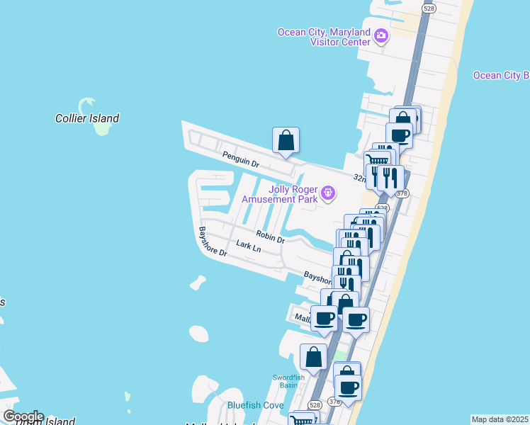 map of restaurants, bars, coffee shops, grocery stores, and more near 2816 Plover Drive in Ocean City