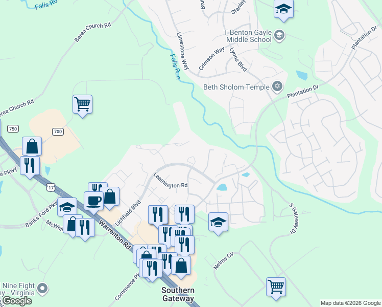 map of restaurants, bars, coffee shops, grocery stores, and more near 404 Rugby Road in Fredericksburg