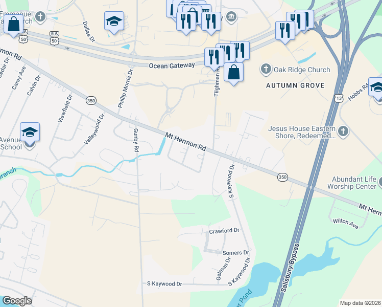 map of restaurants, bars, coffee shops, grocery stores, and more near 403 Nomreh Road in Salisbury