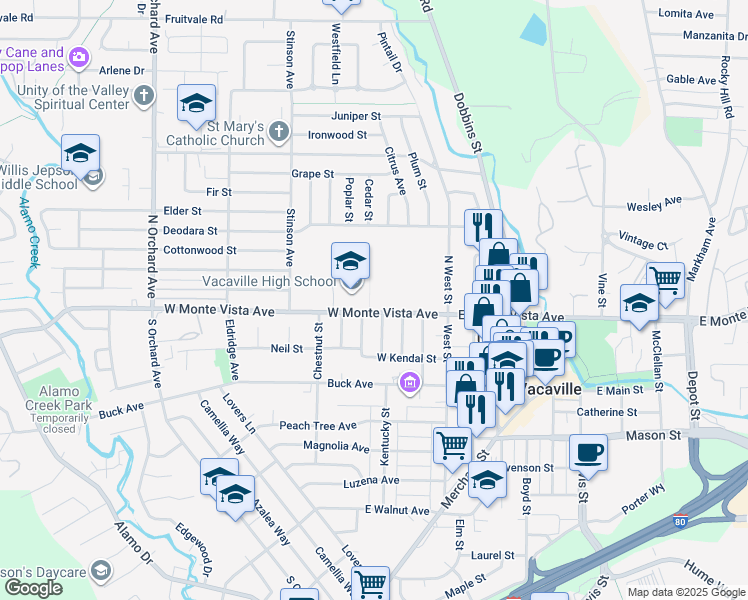 map of restaurants, bars, coffee shops, grocery stores, and more near 100 West Monte Vista Avenue in Vacaville