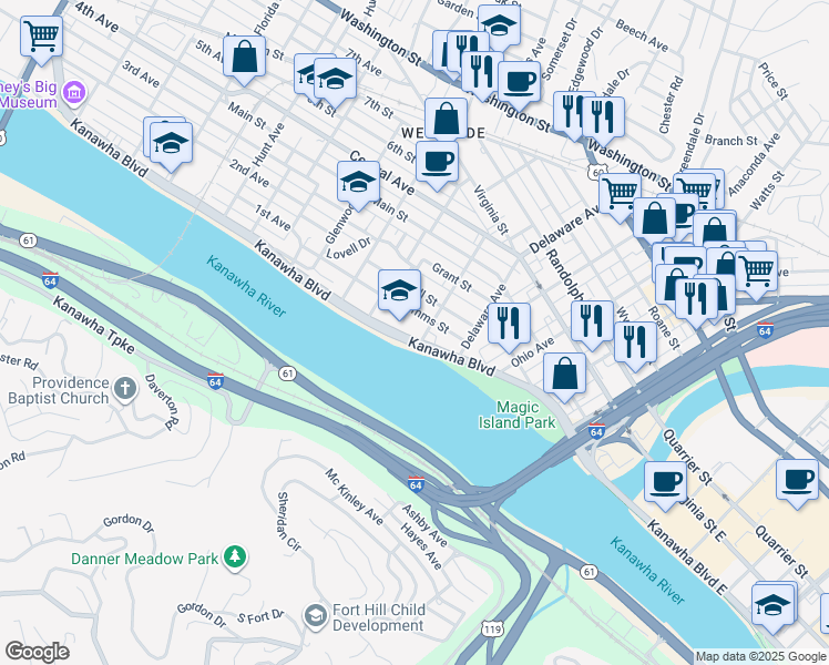 map of restaurants, bars, coffee shops, grocery stores, and more near 600 Park Avenue in Charleston