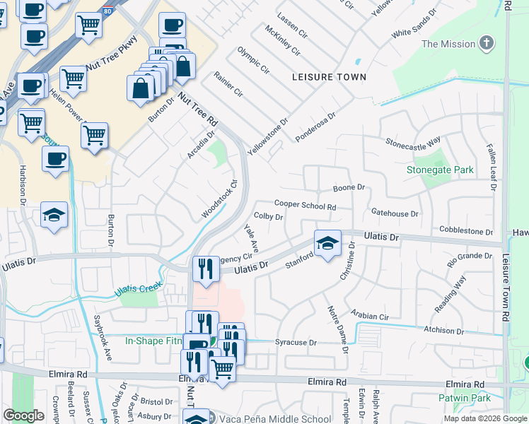 map of restaurants, bars, coffee shops, grocery stores, and more near 243 Colby Drive in Vacaville
