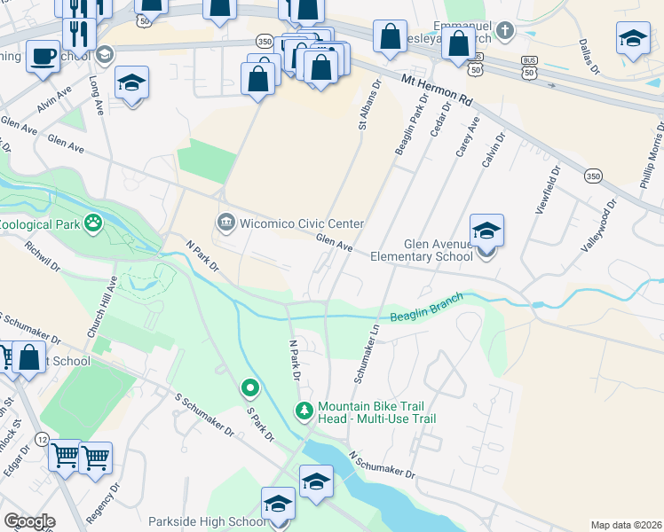 map of restaurants, bars, coffee shops, grocery stores, and more near 516 Emory Court in Salisbury