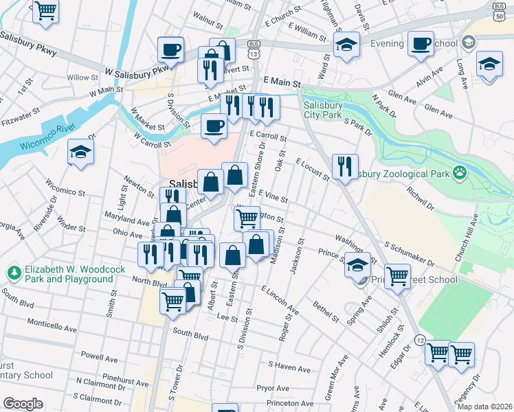 map of restaurants, bars, coffee shops, grocery stores, and more near 115 Washington Street in Salisbury