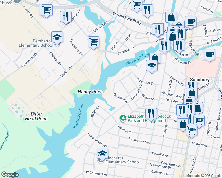 map of restaurants, bars, coffee shops, grocery stores, and more near 514 Georgia Avenue in Salisbury