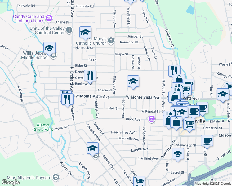 map of restaurants, bars, coffee shops, grocery stores, and more near 113 Stinson Avenue in Vacaville