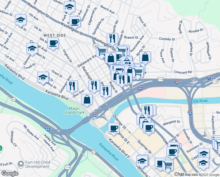 map of restaurants, bars, coffee shops, grocery stores, and more near 410 Tennessee Ave in Charleston