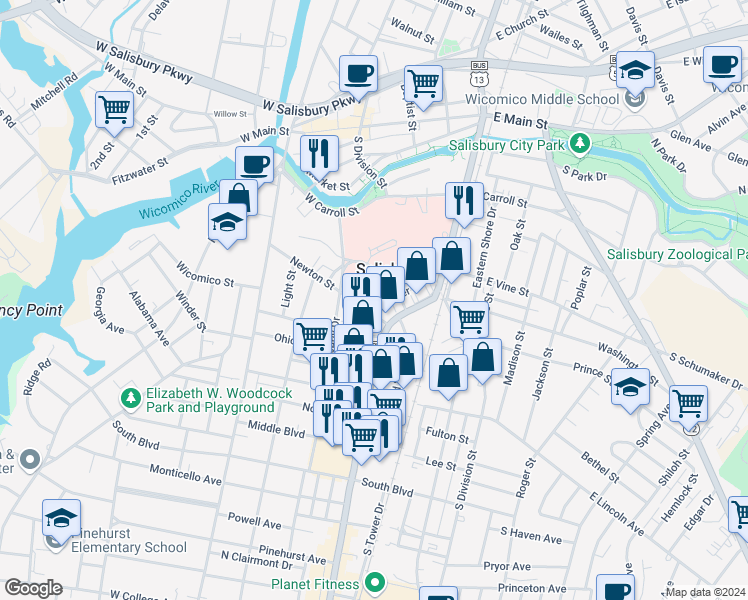 map of restaurants, bars, coffee shops, grocery stores, and more near 205 Center Street in Salisbury