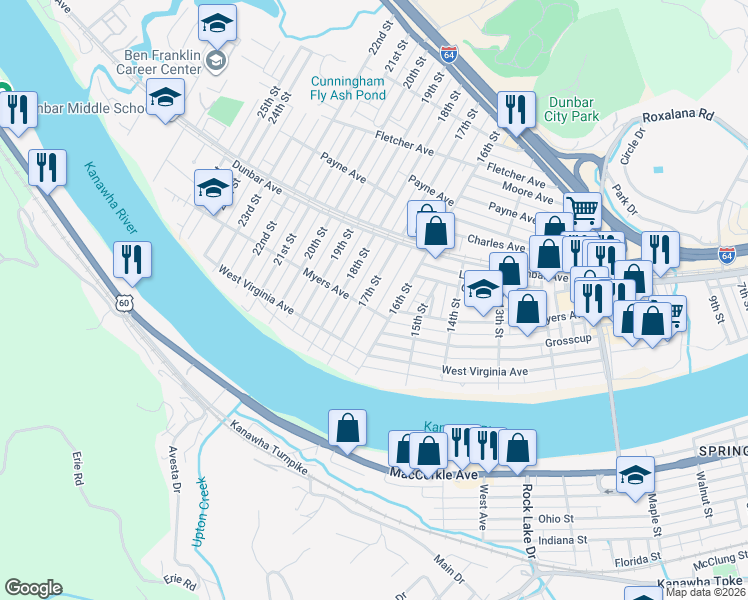 map of restaurants, bars, coffee shops, grocery stores, and more near 306 17th Street in Dunbar