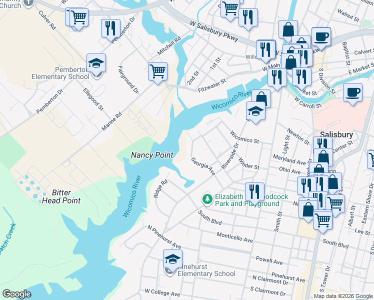 map of restaurants, bars, coffee shops, grocery stores, and more near 514 Georgia Avenue in Salisbury