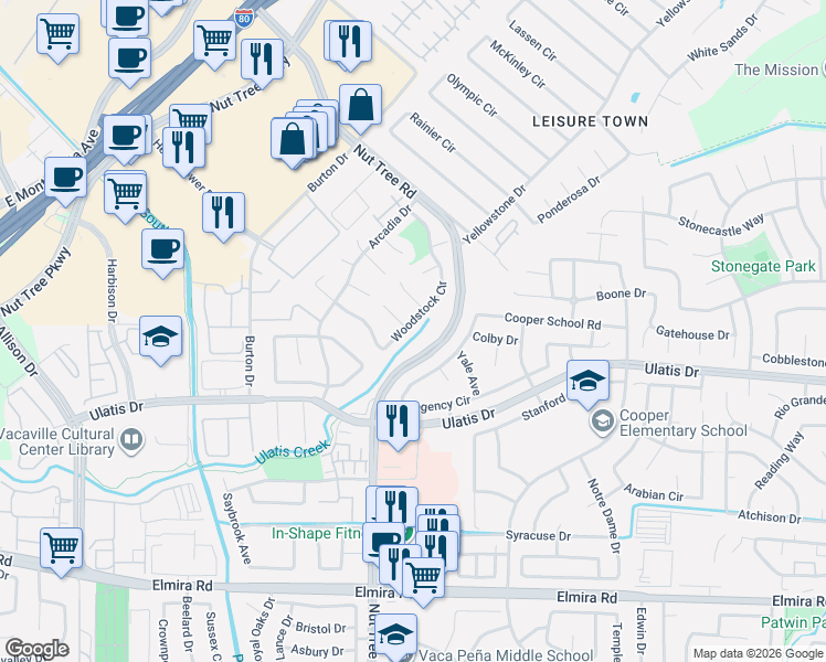 map of restaurants, bars, coffee shops, grocery stores, and more near 257 Woodstock Circle in Vacaville