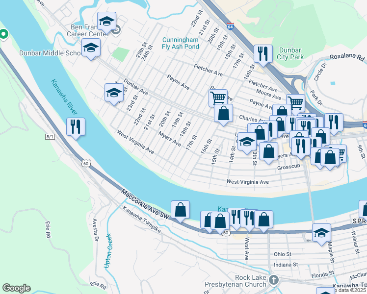 map of restaurants, bars, coffee shops, grocery stores, and more near 1700 Myers Avenue in Dunbar