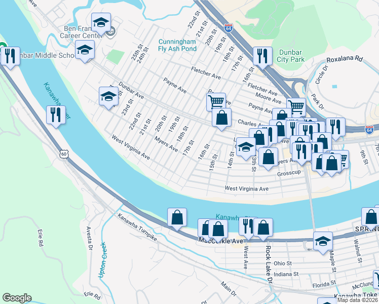 map of restaurants, bars, coffee shops, grocery stores, and more near 306 17th Street in Dunbar