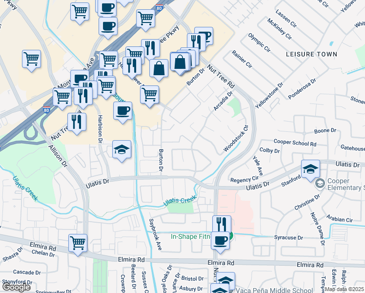 map of restaurants, bars, coffee shops, grocery stores, and more near 462 Danbury Circle in Vacaville