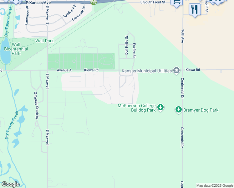 map of restaurants, bars, coffee shops, grocery stores, and more near 908 Deerfield Lane in McPherson
