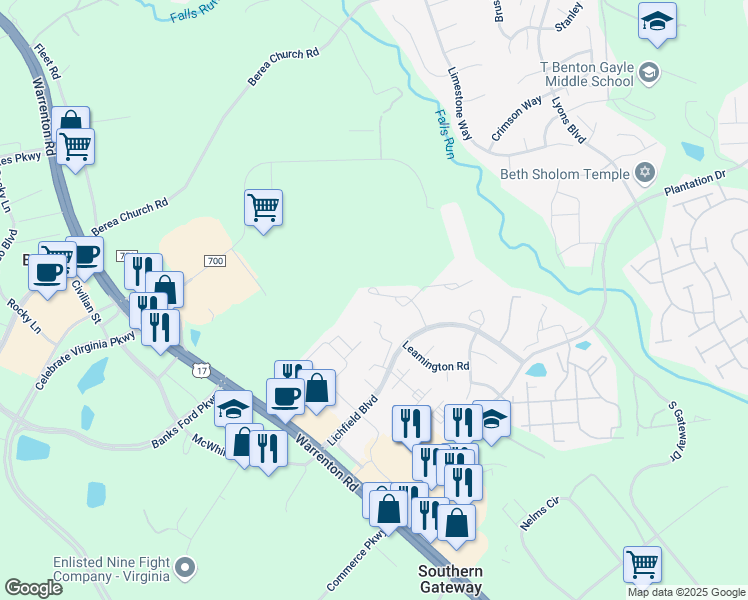 map of restaurants, bars, coffee shops, grocery stores, and more near 401 Crossing Road in Fredericksburg