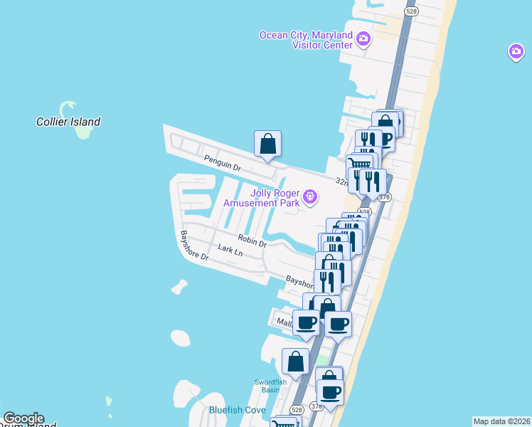 map of restaurants, bars, coffee shops, grocery stores, and more near 2816 Tern Drive in Ocean City